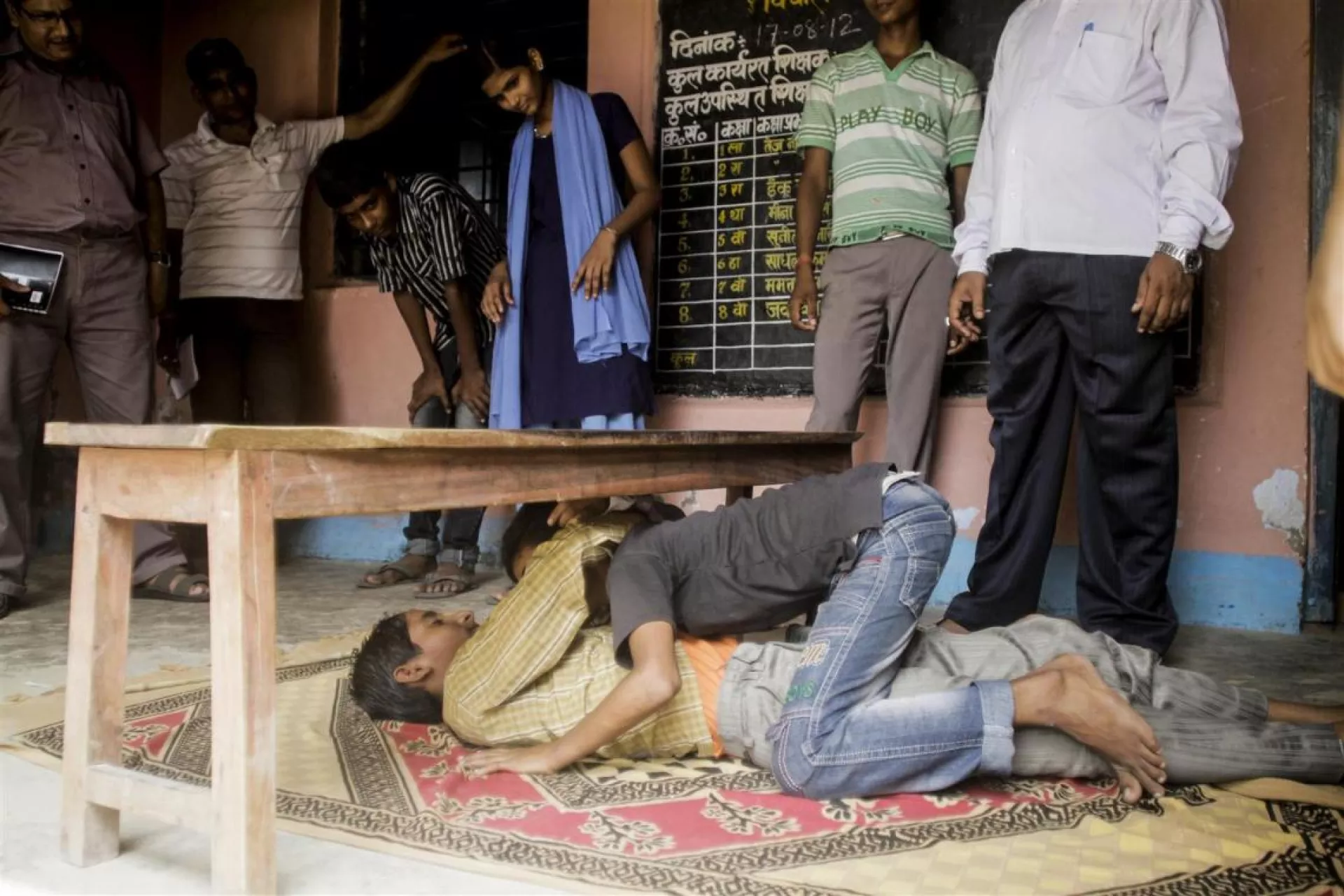 Students take part in an earthquake evacuation drill outside their classroom in eastern Indian state of Bihar.