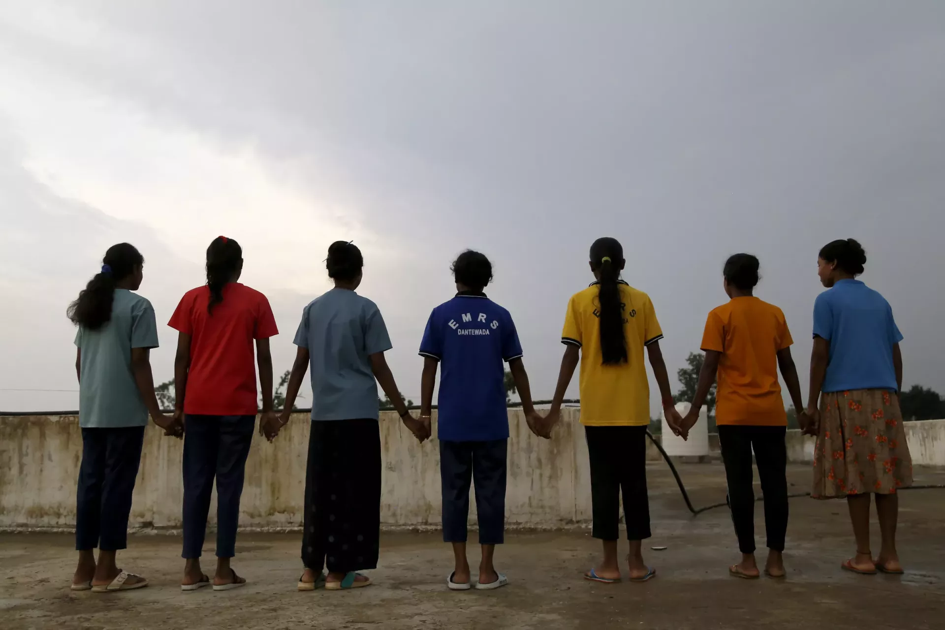 A group of young girls pictured &nbsp;together after participating in a psychosocial group session at the Eklavya Model Residential School for Girls (EMRS) in Dantewada, Chhattisgarh, India.