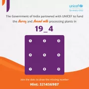 UNICEF India interactive quiz graphic asking viewers to join numbered dots to find the missing year digit in &amp;quot;19_4&amp;quot; &mdash; the year India and UNICEF partnered to fund the Aarey and Anand milk processing plants.