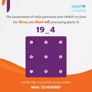 UNICEF India interactive quiz graphic asking viewers to join numbered dots to find the missing year digit in &amp;quot;19_4&amp;quot; &mdash; the year India and UNICEF partnered to fund the Aarey and Anand milk processing plants.