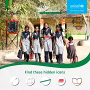 UNICEF India interactive &amp;quot;spot the hidden icons&amp;quot; puzzle featuring four smiling Indian schoolgirls in uniform walking outside their school, with five hidden education-themed objects &mdash; a pencil, cube, ruler, eraser, and book &mdash; to find in the image.