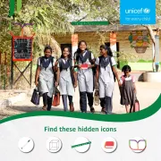 UNICEF India interactive &amp;quot;spot the hidden icons&amp;quot; puzzle featuring four smiling Indian schoolgirls in uniform walking outside their school, with five hidden education-themed objects &mdash; a pencil, cube, ruler, eraser, and book &mdash; to find in the image.