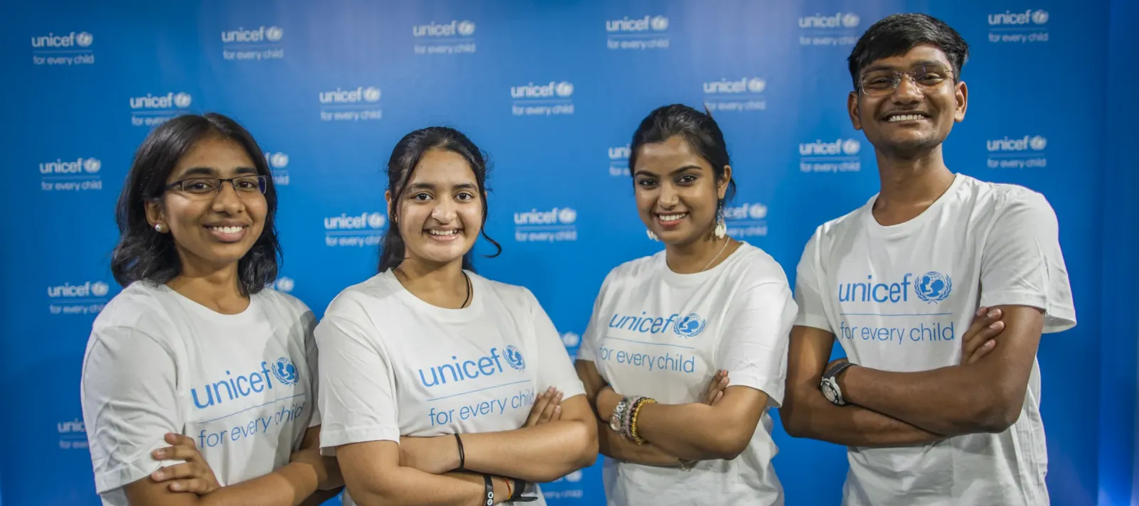 Youth Advocates Gauranshi Sharma, Kartik Verma, Nahid Afrin & Vinisha Umashankar pose for a group photograph post signing ceremony at UNICEF India office in Delhi. 