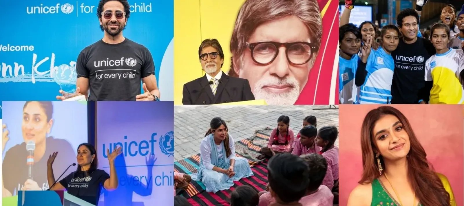 A collage of six UNICEF India Ambassadors and Advocates &mdash; Ayushmann Khurrana, Amitabh Bachchan, Sachin Tendulkar, Kareena Kapoor Khan, Priyanka Chopra Jonas, and Keerthy Suresh &mdash; each shown at UNICEF events or in official portraits.