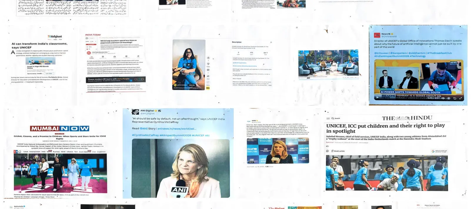 A grid collage of media coverage featuring UNICEF India, including newspaper clippings, online articles, TV screengrabs, and social media posts in English, Hindi, and Urdu. The headlines highlight topics like child mortality decline, menstrual health in Odisha, AI in education, child rights in cricket, and immunization messaging, from outlets such as The Hindu, Mint, India Today, News18, and more.