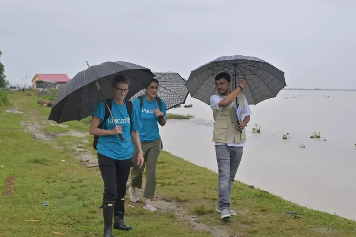 Cynthia McCaffrey, Representative, UNICEF India, with UNICEF colleagues in north-eastern Indian state of Assam 