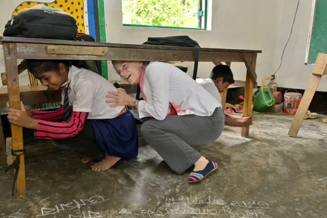 Cynthia McCaffrey, Representative, UNICEF India, at the Barbaruah Lower Primary School in north-eastern Indian state of Assam, where 193 young learners participate in a mock-drill, taking precautions in case of an earthquake