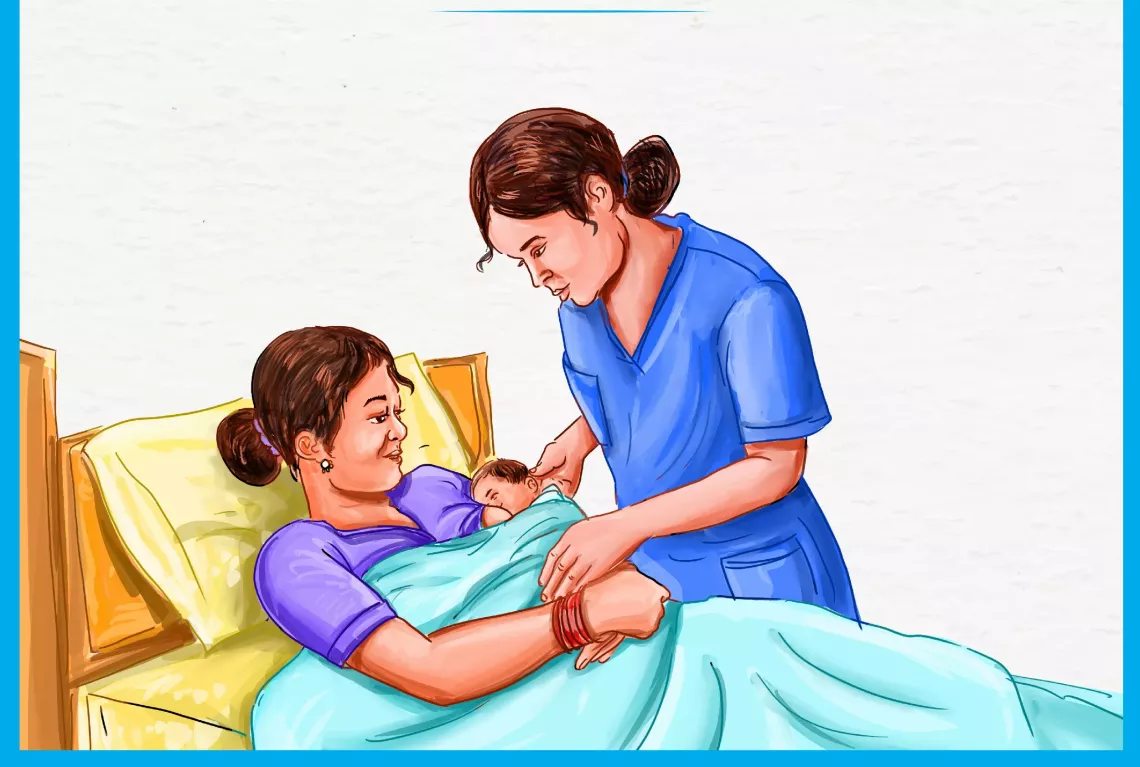Nurse is guiding a mother on proper baby latching for breastfeeding.