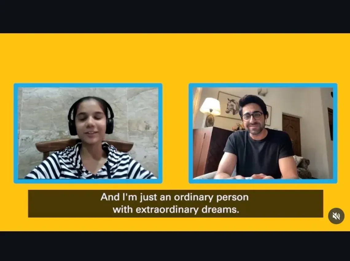 UNICEF India Celebrity Advocate Ayushmann Khurrana in a virtual conversation with a young girl, with the subtitle "And I'm just an ordinary person with extraordinary dreams" on a yellow background.