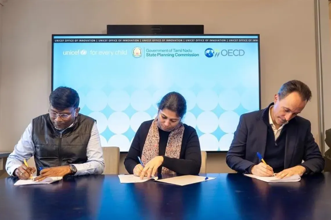 Ms Sudha Ramen, Member- Secretary, Tamil Nadu State Planning Commission, Mr Thomas Davin, Global Director, UNICEF Office of Innovation and Syam Sudheer Bandi, Communication Specialist, UNICEF Office for Tamil Nadu & Kerala, UNICEF India, signing the letter exchange 