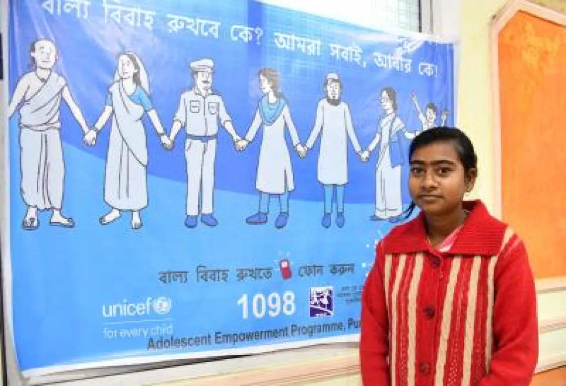 Maina Dey, 16, escapes marriage arranged by her parents, thanks to the help she received through a child marriage support telephone hotline.
