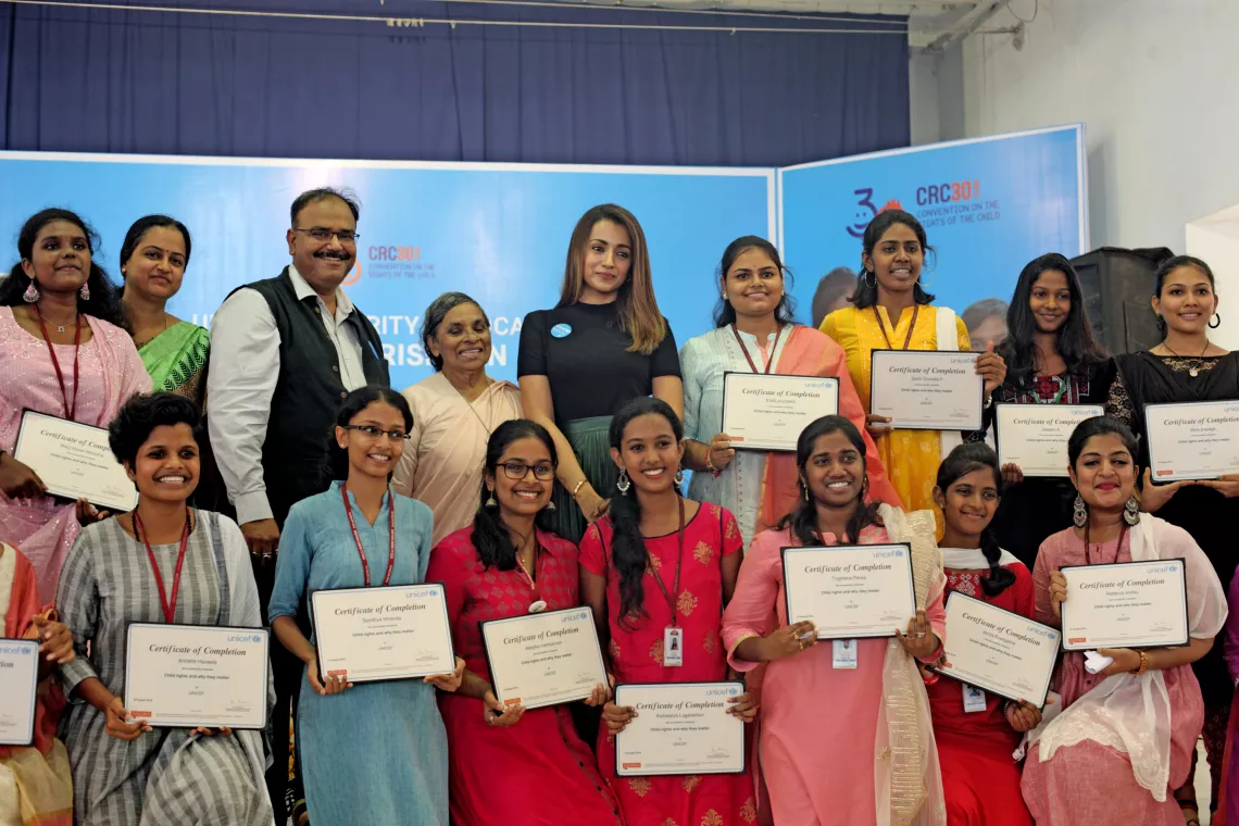 UNICEF India celebrity advocate Trisha Krishnan with youth advocates at Stella Maris College, Amphitheatre in Chennai.