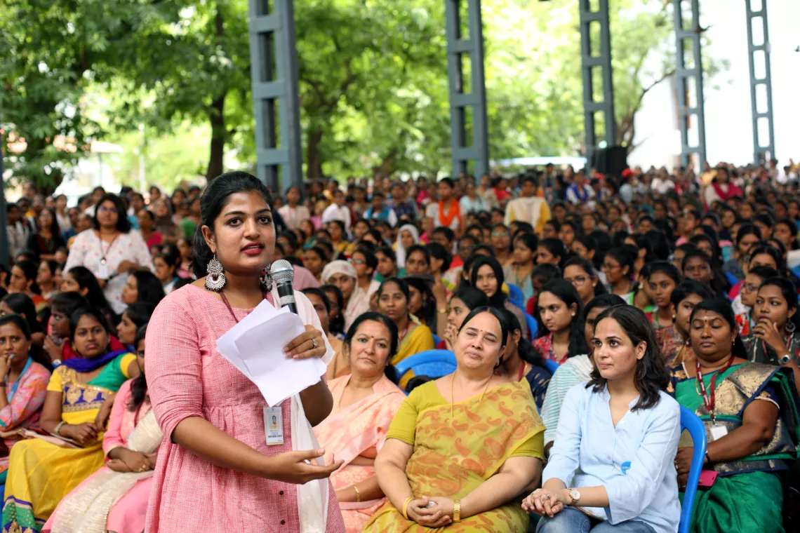 Youth advocate interacts with UNICEF India celebrity advocate Trisha Krishnan at &Acirc;&not;Stella Maris College, Amphitheatre in Chennai.