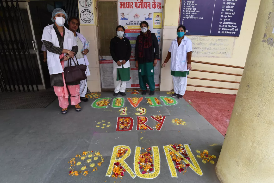 A colourful display at the entrance to a COVID-19 vaccination centre in GandhiNagar, Bhopal, Madhya Pradesh. 