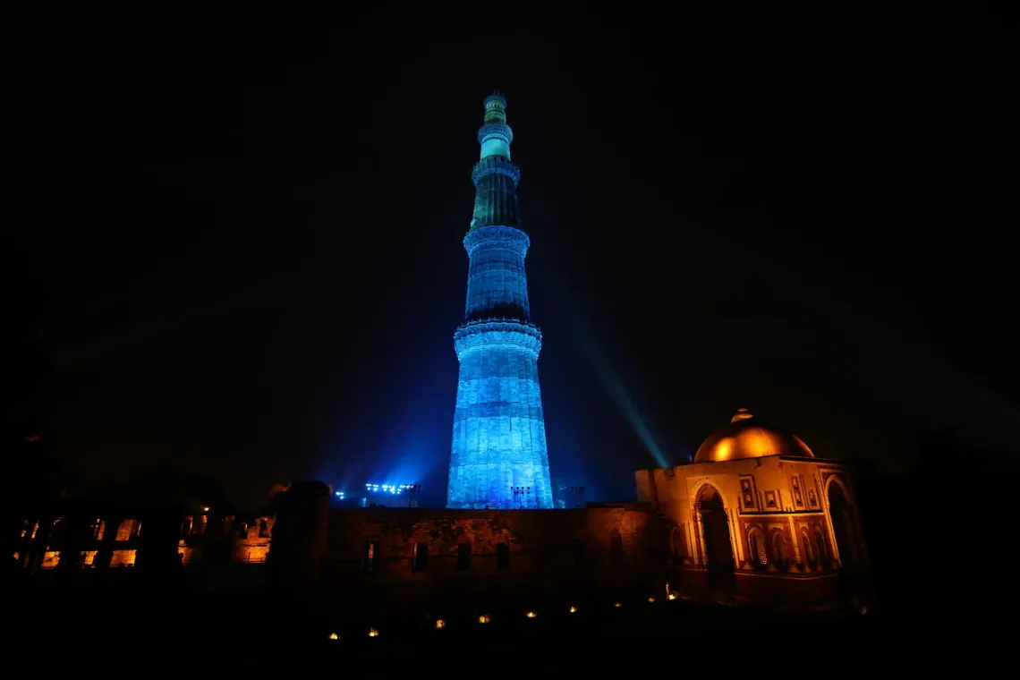 The iconic Qutub Minar, the world's tallest brick minaret, stands tall and turned blue in support of reimaging a better and brighter world for children.  