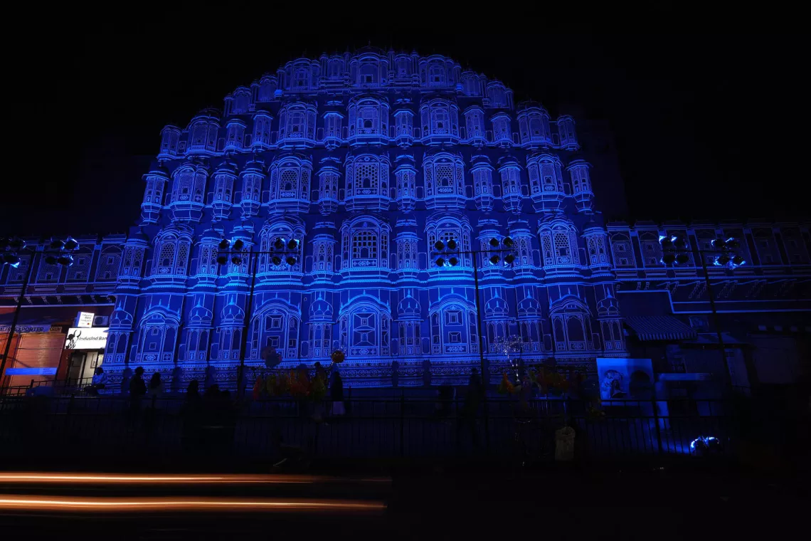 The Hawa Mahal in Jaipur turns blue on World Children's Day
