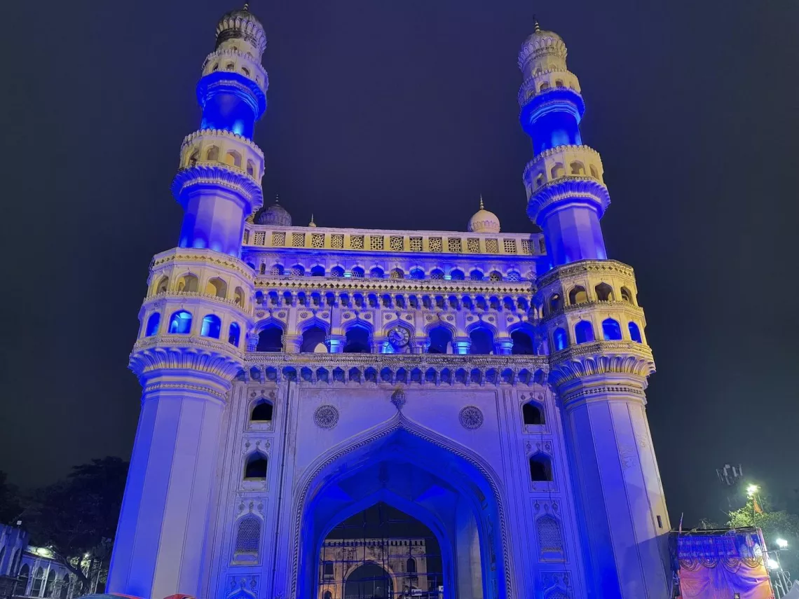 The iconic Charminar in the historic city of Hyderabad illuminated in blue to mark World Children&rsquo;s Day and the significance of the Convention of Rights of Child
