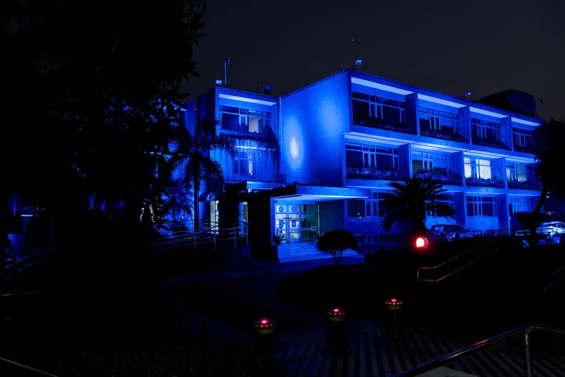 The UNICEF India Country Office in New Delhi lights up blue