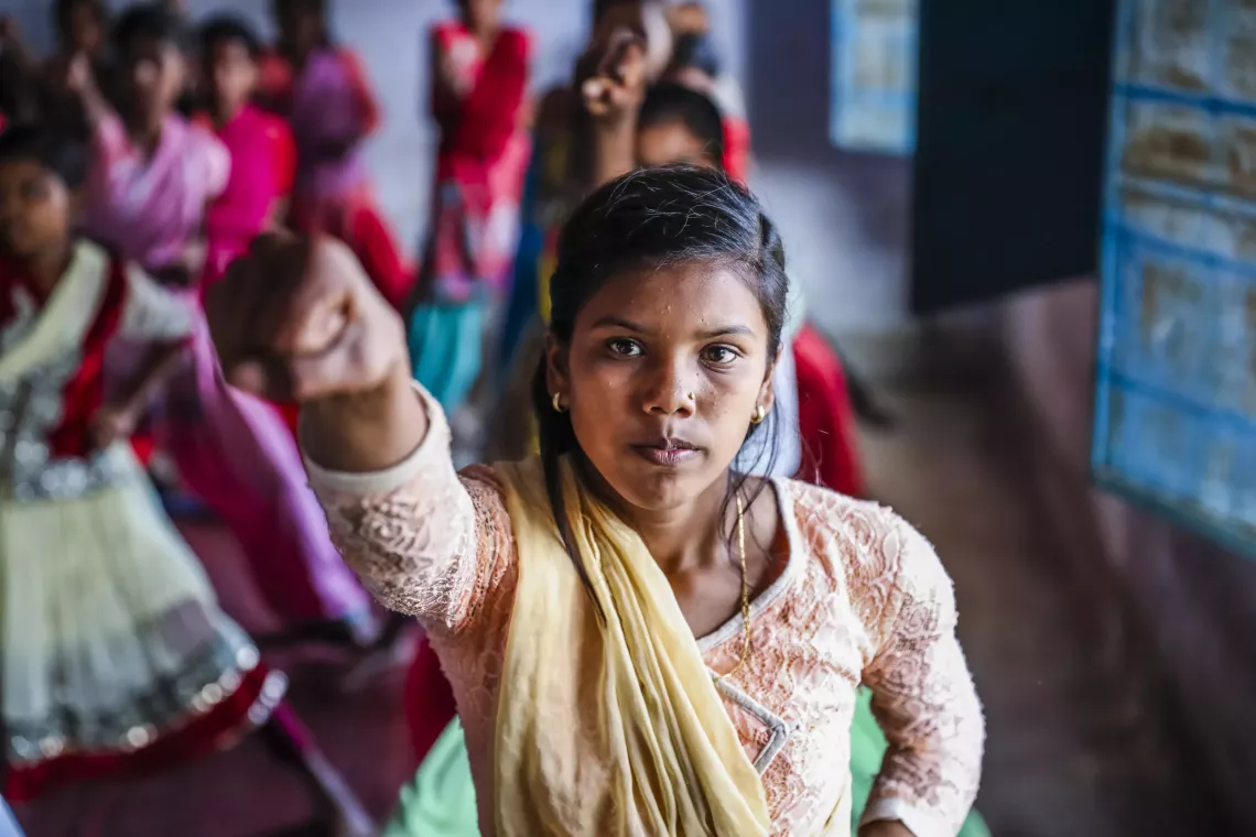 In 2017, girls attend Karate classes in Jamua, India, organized as part of a programme to empower adolescents to challenge harmful norms and practices that perpetuate violence.