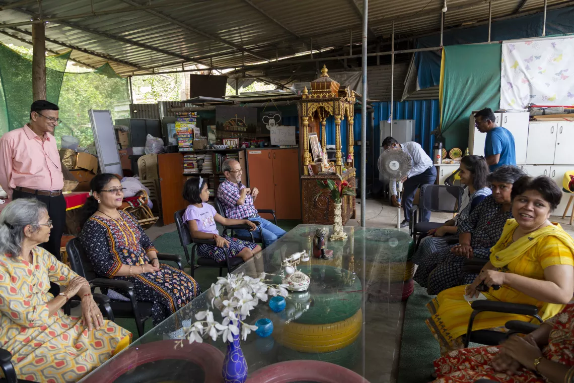 Members from different areas of the city interacting with each other during a meeting at the waste management centre at Samarth Bharat Vyaspeeth (SBV), a social organisation, in Thane, Maharashtra