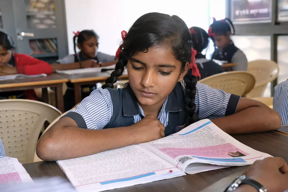 13 &ndash; years &ndash; old Jyoti Ramsan a student of Uttampura Green Govt Primary school study in the library.