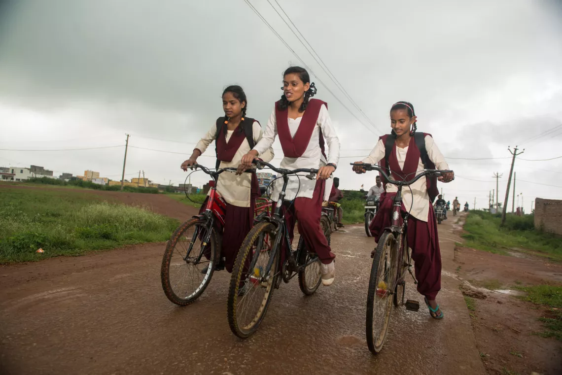 Sometimes Kushma Kumari(15) rides a cycle to the school along with her friends Priyanshi Kumari&rsquo;s (13) (left) and Barkha Kumari (14)(right).