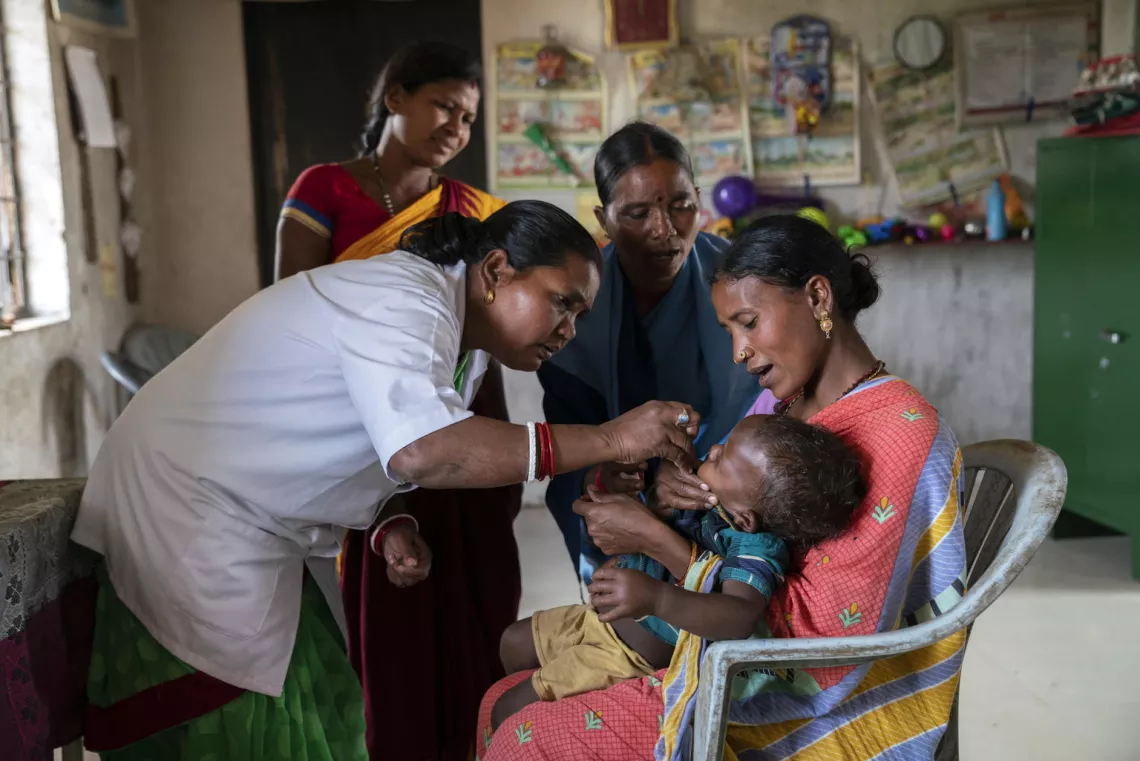 A child getting vaccinated at an anganwadi centre 