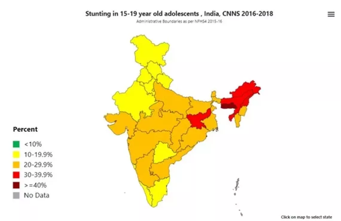 Stunting in 15-19 year old adolescents, India, CNNS 2016-2018