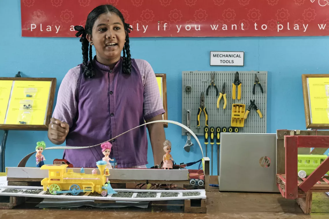R.Archana and S.Tarun (not in the picture), 9th grade students from Zilla Parishad High School, build a train accident prevention system at the Atal Lab.