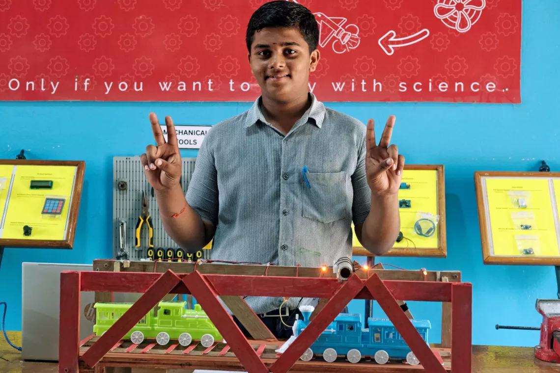 R.Archana (not in the picture) and S.Tarun (right), 9th grade students from Zilla Parishad High School, build a train accident prevention system at the Atal Lab.
