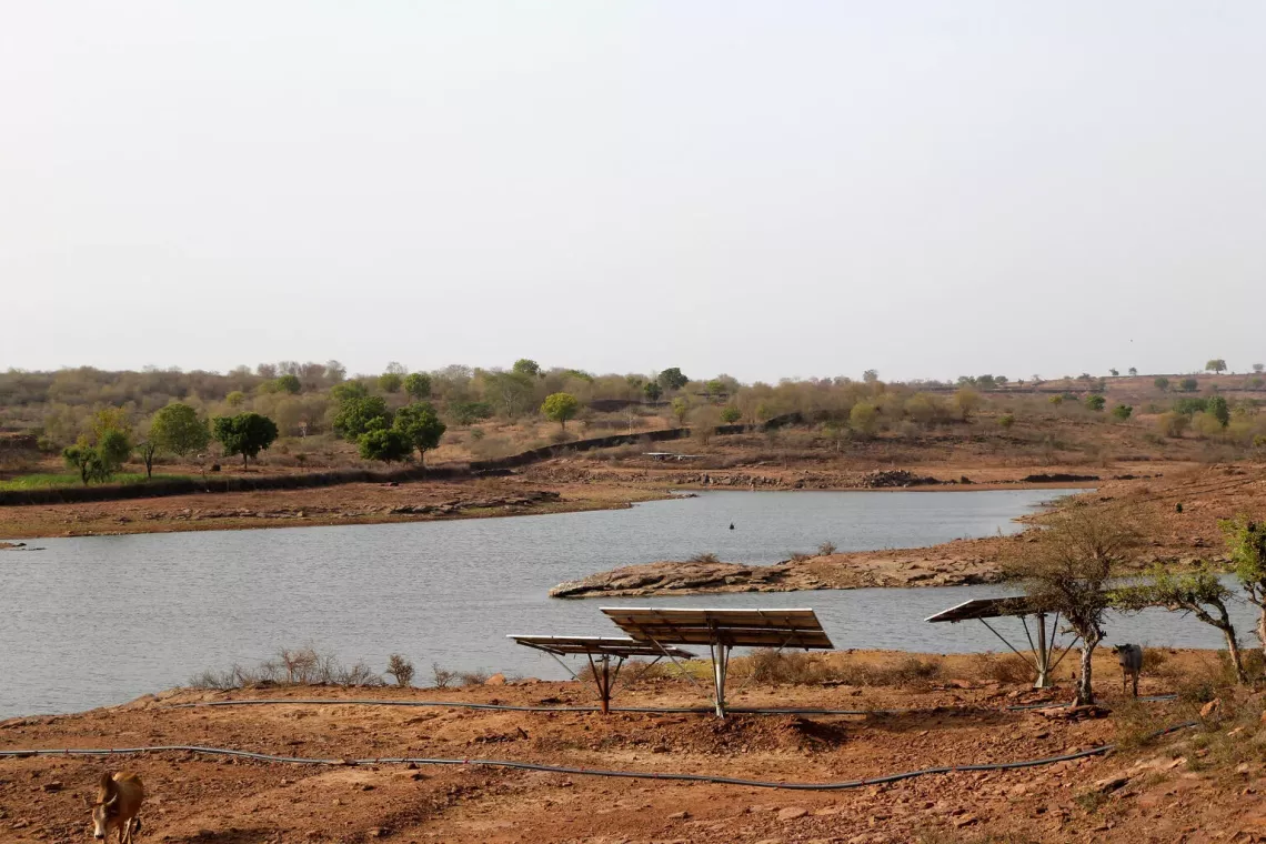 A traditional water body known as a &lsquo;Pokhar&rsquo; equipped with solar-based water pumps in Barki village in Karauli district in Rajasthan, India.