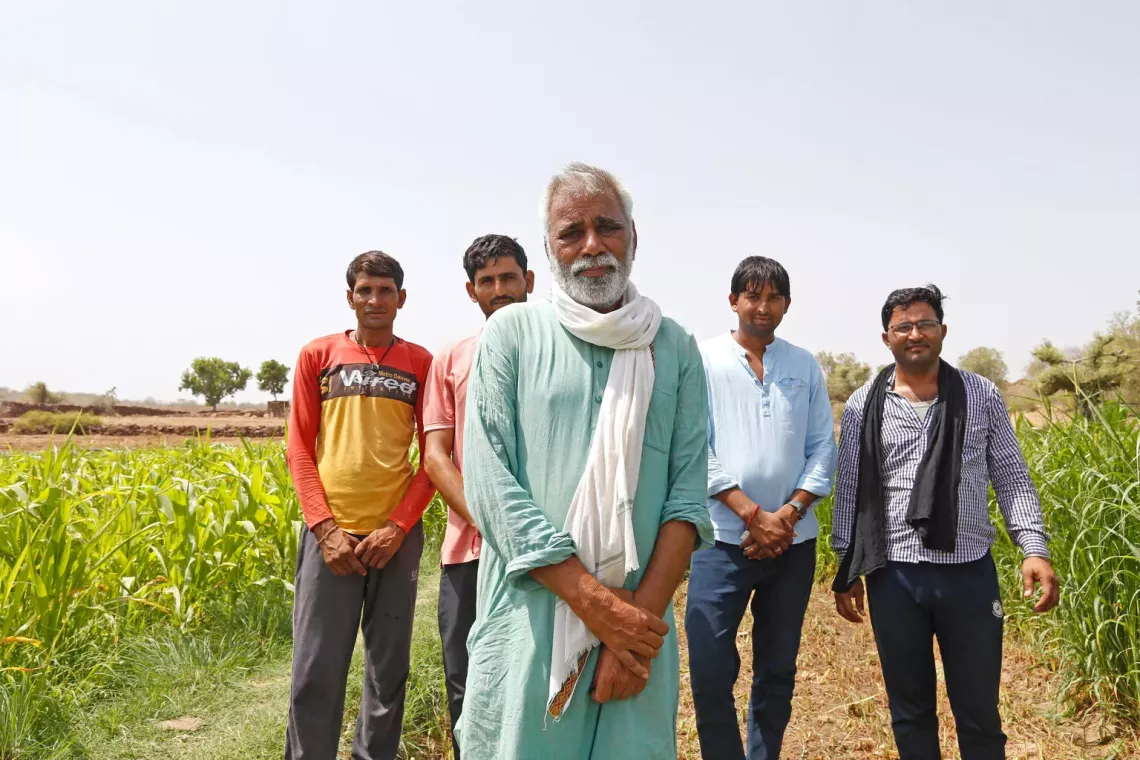 Jagdish Gurjar, a member of the Gram Gaurav Sansthan, a community-based grassroots organization, with the youth of Barki village in the Karauli district of Rajasthan, India.