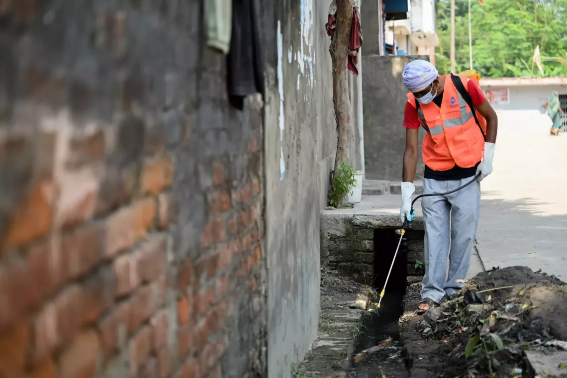 On 15 October 2024, a worker conducted larvicidal spraying in the open drain of Jainpur village, Block Bhathat, Gorakhpur, Uttar Pradesh, India