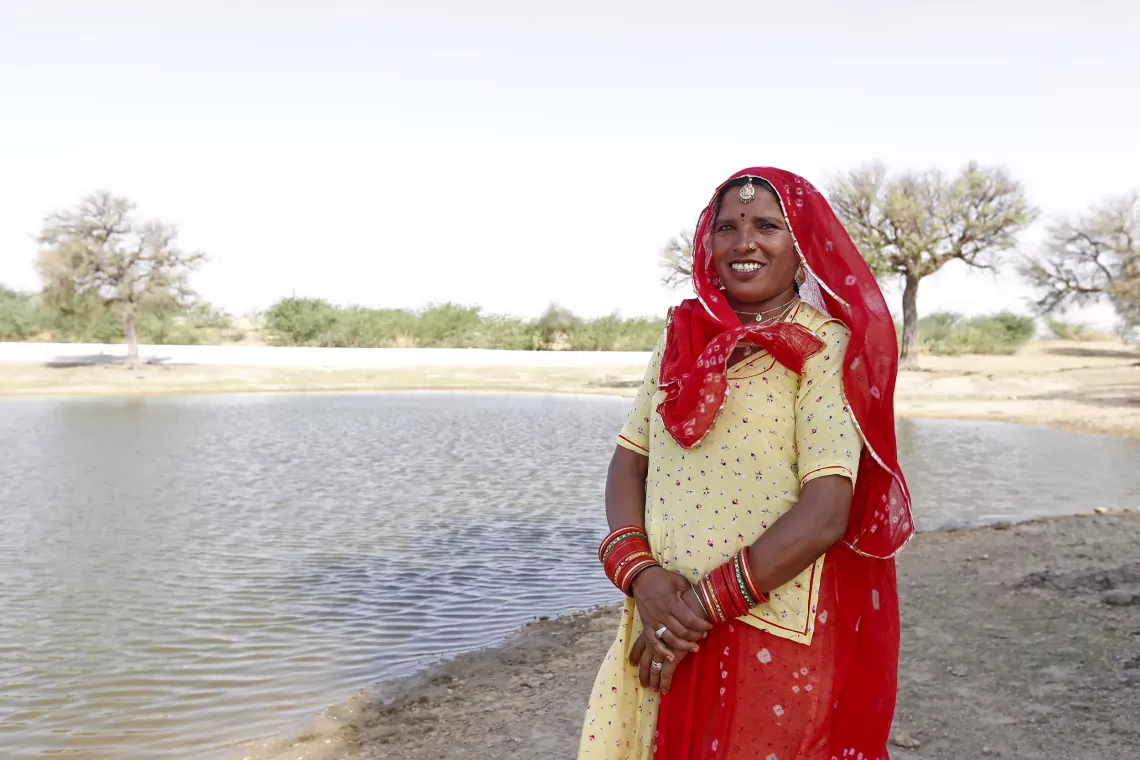 Leela Khatun, 40, an elected leader of the &ldquo;Jal Saheli&rdquo;  group is captured along side the pond in  Kanasar village   located in the drought-prone region of Phalodi district in Rajasthan, India. 
