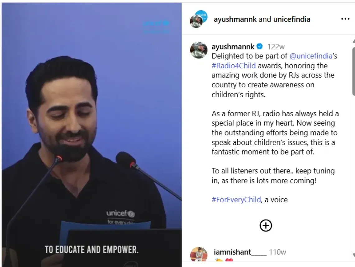Ayushmann Khurrana and UNICEF India showing him speaking at a podium at the UNICEF India #Radio4Child awards, with the text overlay "To Educate and Empower" on a blue UNICEF-branded backdrop.