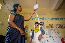 Height and weight measurement of children at AW centre. Location : AW centre Khalpara, Ambikapur, Chattisgarh.
