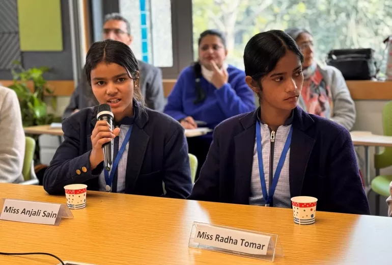 Secondary school students, Anjali Sain and Radha Tomar from Atrauli, Uttar Pradesh, sharing their perspectives of using technology at the stakeholder consultation meeting on digital learning at UNICEF India, December 2024