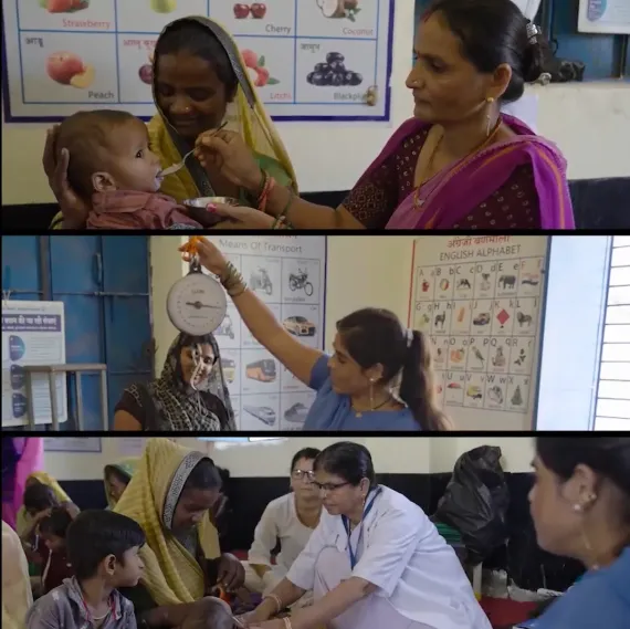 Three-panel video still showing Anganwadi workers spoon-feeding an infant, weighing a child, and conducting a health session with mothers and children during Poshan Maah 2026.