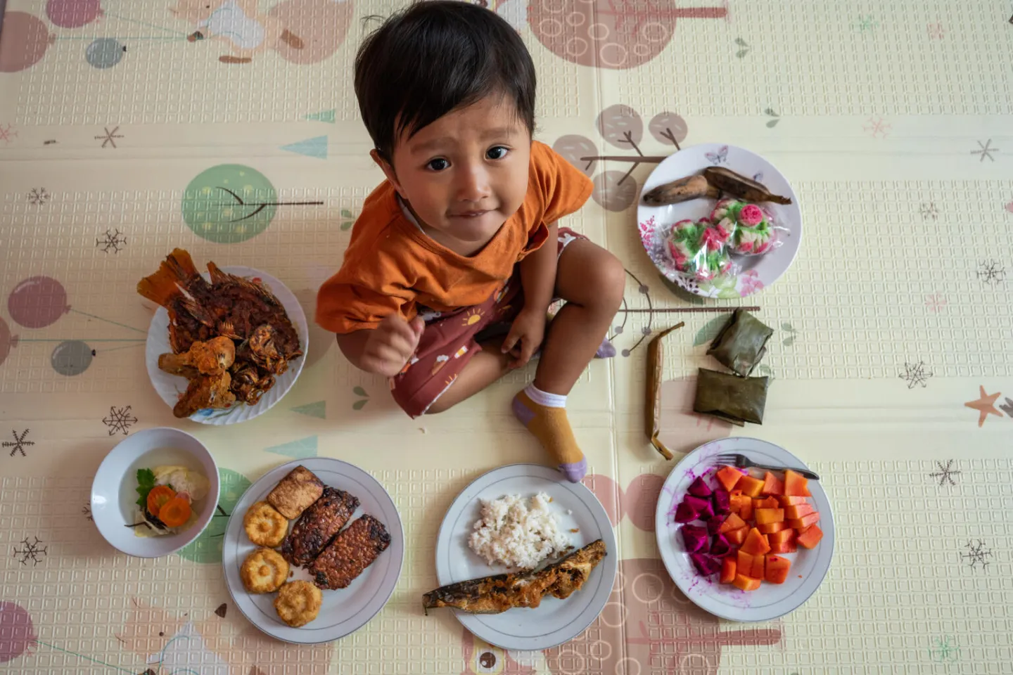 A boy sits at home surrounded by his favourite foods