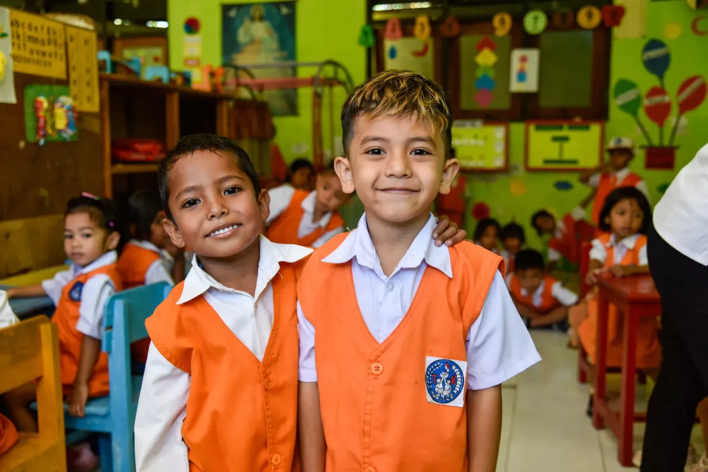 On 21 August 2023, Yudatama Hirang Sergino Tolang (left) age 5, and Dalvaleon Apprilio Kiuk (right) age 5, students of Mokdale Christian Early Childhood Development (ECD) Center &nbsp;participate in a learning through play activity at the school in Ba&rsquo;a City, Rote Ndao, East Nusa Tenggara province, Indonesia.