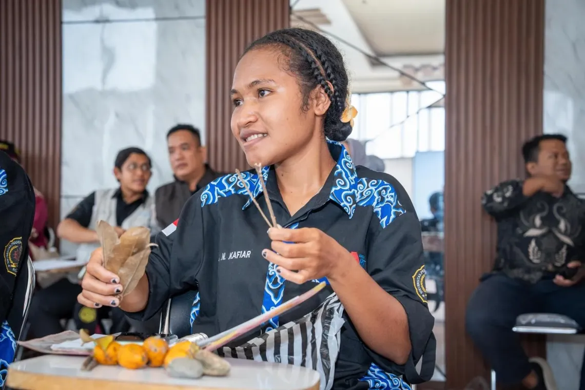 Della, an undergraduate teaching student in her class at UNIMUDA&rsquo;s Teaching Faculty in UNIMUDA, in her class in UNIMUDA, Sorong, West Papua, on 15 August 2025.