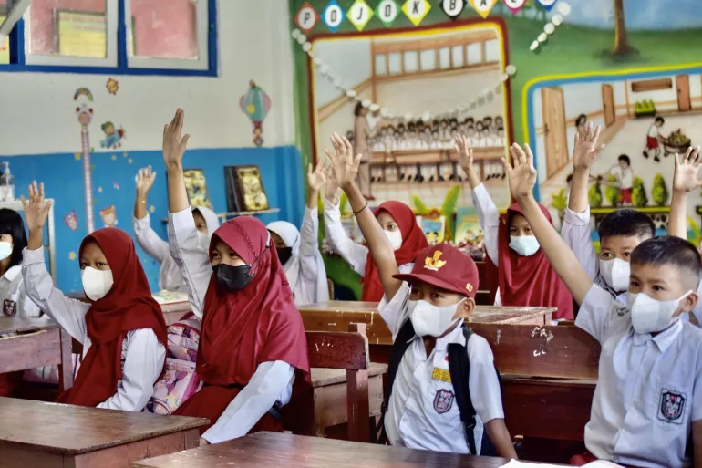 Students attend class at Maradekaya II Elementary School in Makassar, South Sulawesi Province, Indonesia.