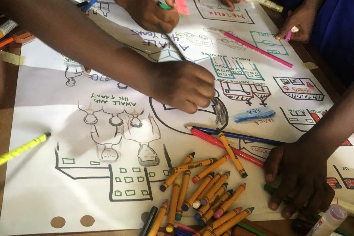 Hands of children drawing and collaborating on a hand-drawn poster, made during a UNICEF workshop. 