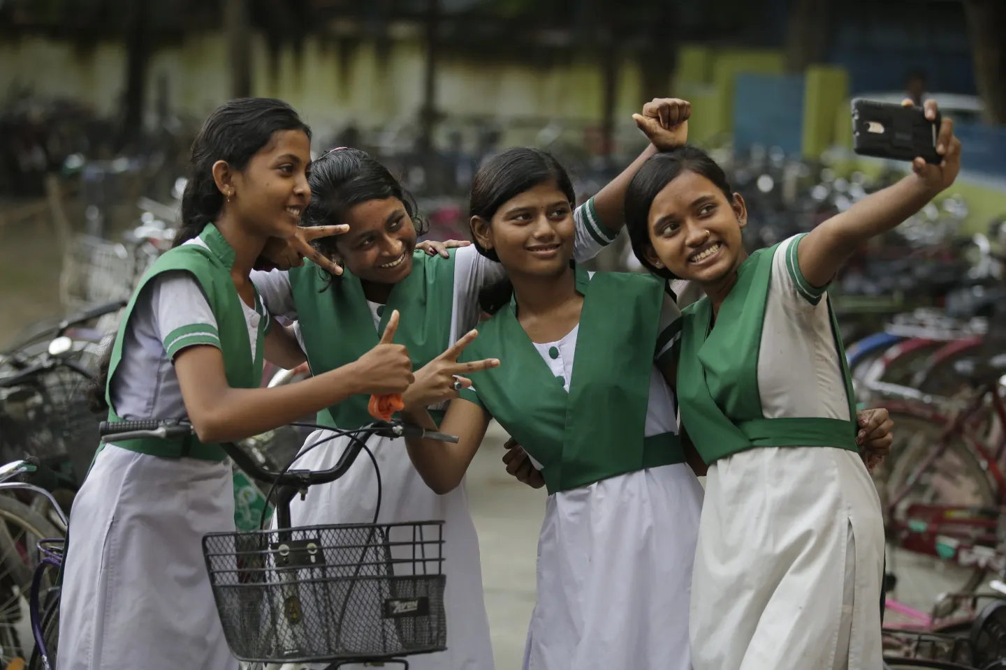 School girls take selfies in Chandpara, Gaighata, West Bengal, Sept. 06, 2016.