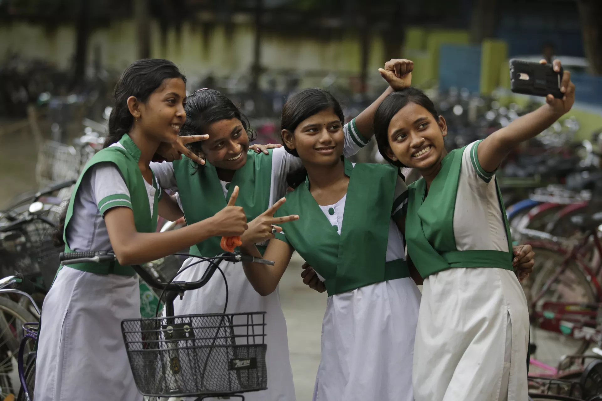 School girls take selfies in Chandpara, Gaighata, West Bengal, Sept. 06, 2016.