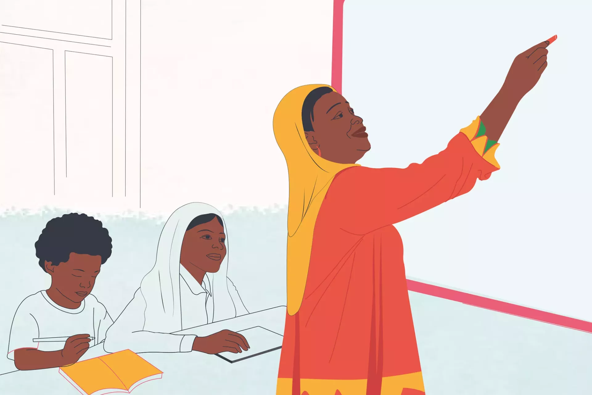 Document cover artwork of a teacher and students in class