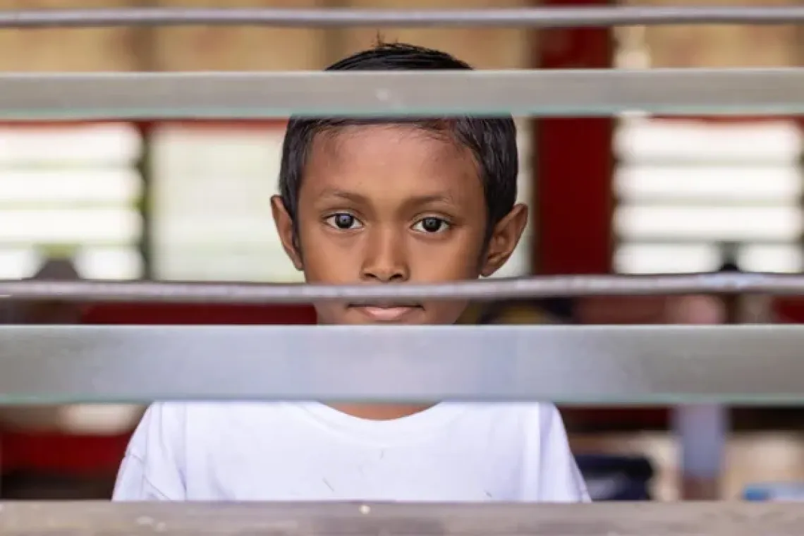 Child in white shirt looking through horizontal window slats, face framed between the bars.