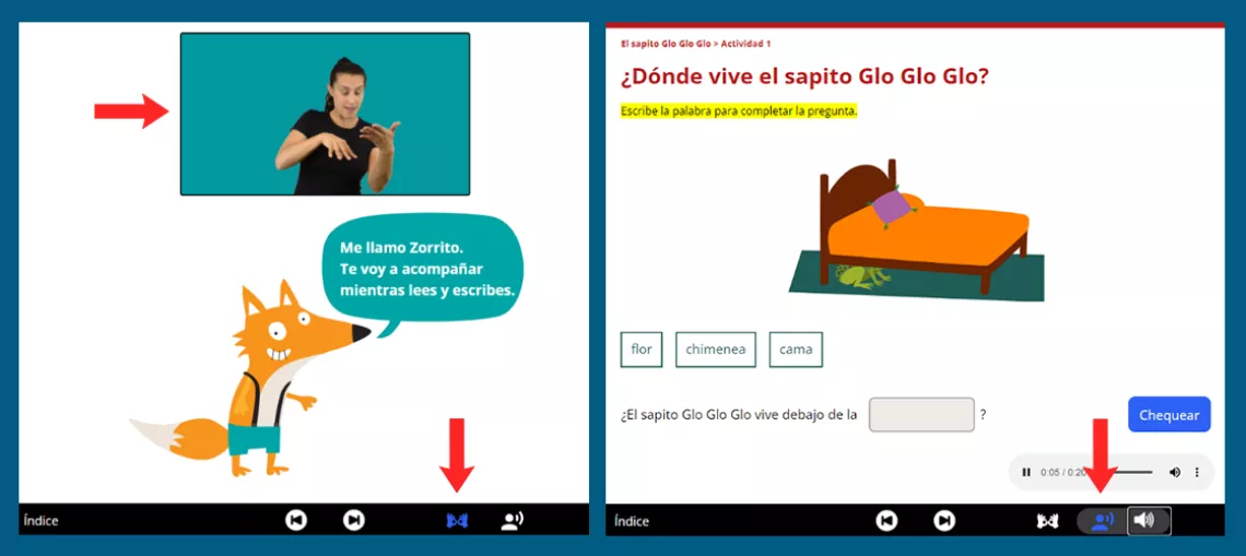 Capturas de pantalla del libro digital accesible, donde se pueden ver botones para escuchar el texto y una int&eacute;rprete de lengua de se&ntilde;as
