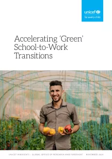 Cover of the 'Accelerating Green School-to-Work Transitions report featuring a man holding fruit grown in a greenhouse