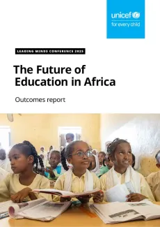 Cover of the 2025 Leading Minds Conference Outcomes Report depicting students in a classroom in Africa. 